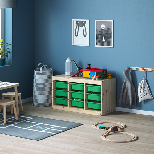 TROFAST Storage combination with boxes, light white stained pine/green, 93x44x52 cm