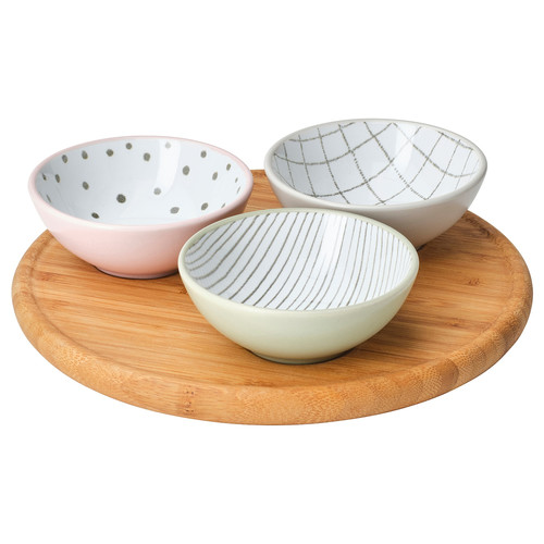 TRÅDTICKA Tray with 3 bowls, multicolour/bamboo