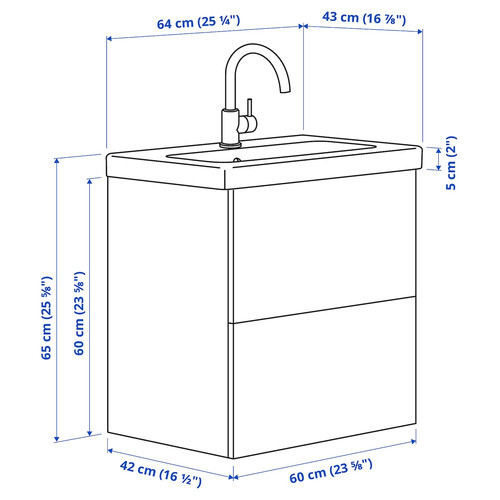 ENHET / TVÄLLEN Wash-stnd w drawers/wash-basin/tap, white/oak effect, 64x43x65 cm