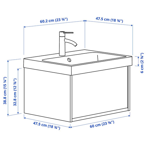 ÄNGSJÖN / BACKSJÖN Wash-stnd w drawer/wash-basin/tap, brown oak effect, 60x48x39 cm