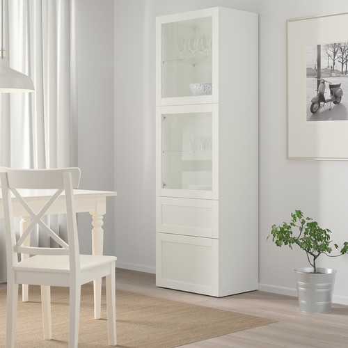 BESTÅ Storage combination w glass doors, white/Hanviken white clear glass, 60x42x193 cm