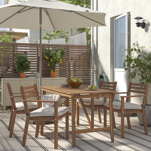 ASKHOLMEN Table+4 chairs w armrests, outdoor, dark brown/Frösön/Duvholmen beige, 143x75 cm