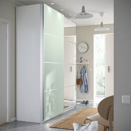 MEHAMN/AULI Pair of sliding doors, aluminium double sided/light green mirror glass, 150x236 cm