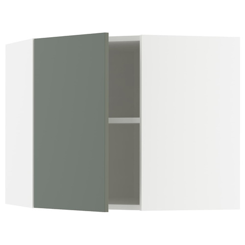 METOD Corner wall cabinet with shelves, white/Nickebo matt grey-green, 68x60 cm