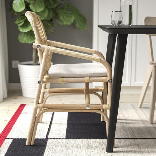 LISABO / SALNÖ Table and 4 chairs with armrests, black rattan/Gransel natural, 140x78 cm