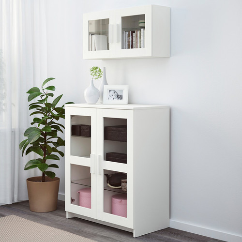 BRIMNES Cabinet with doors, glass, white, 78x95 cm