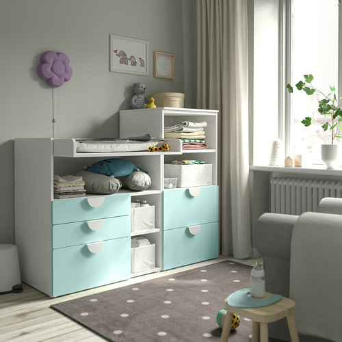 SMÅSTAD / PLATSA Changing table, white pale turquoise/with bookcase, 150x79x123 cm