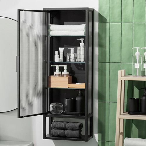 MOSSJÖN Wall cabinet w shelves/glass door, anthracite, 36x18x102 cm