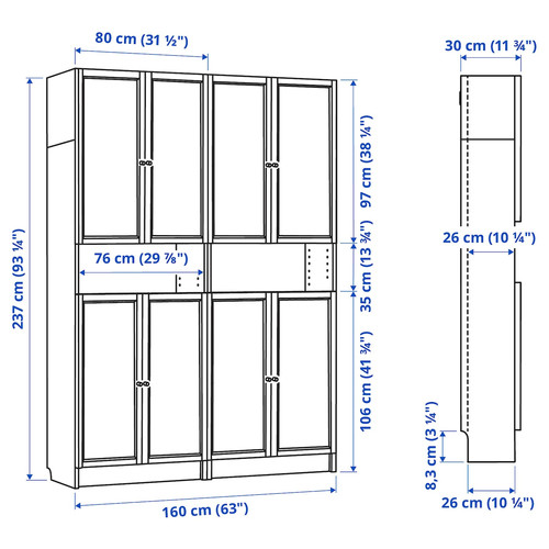 BILLY / OXBERG Bookcase w height extension ut/drs, brown walnut effect, 160x30x237 cm