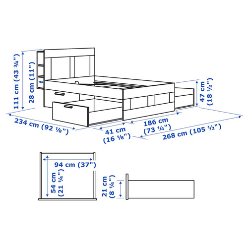 BRIMNES Bed frame w storage and headboard, white, Leirsund, 180x200 cm