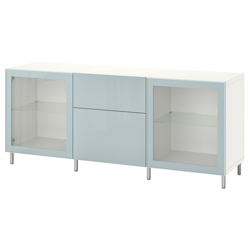 BESTÅ Storage combination with drawers, white Selsviken/Ösarp/light grey-blue clear glass, 180x42x74 cm