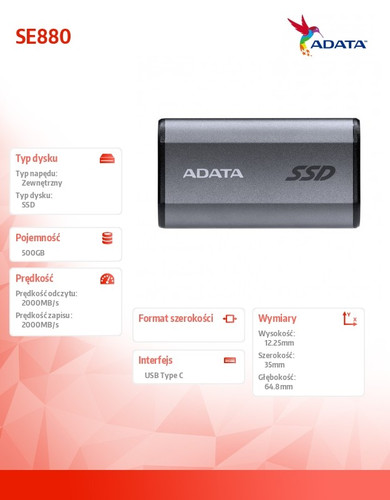 Adata SSD External SE880 500G USB3.2A/C Gen2x2