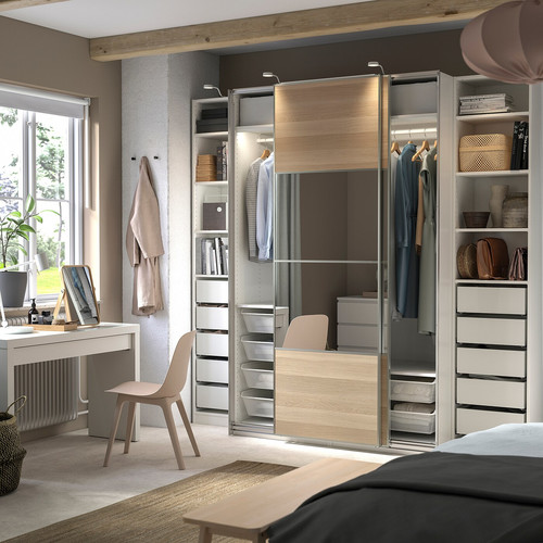 PAX / MEHAMN/AULI Wardrobe with sliding doors, white double sided/white stained oak effect mirror glass, 250x66x236 cm