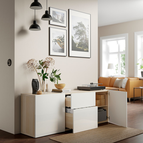 BESTÅ Storage combination with drawers, white stained oak effect/Selsviken high-gloss/white, 180x42x65 cm