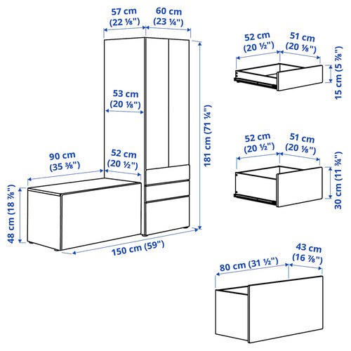 SMÅSTAD / PLATSA Storage combination, white blue/with bench, 150x57x181 cm