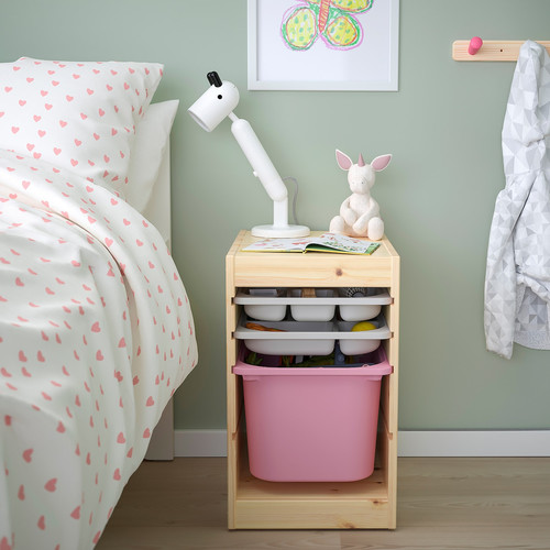 TROFAST Storage combination with box/trays, light white stained pine grey/pink, 32x44x52 cm