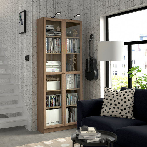 BILLY / OXBERG Bookcase w glass doors, oak effect, 80x30x202 cm