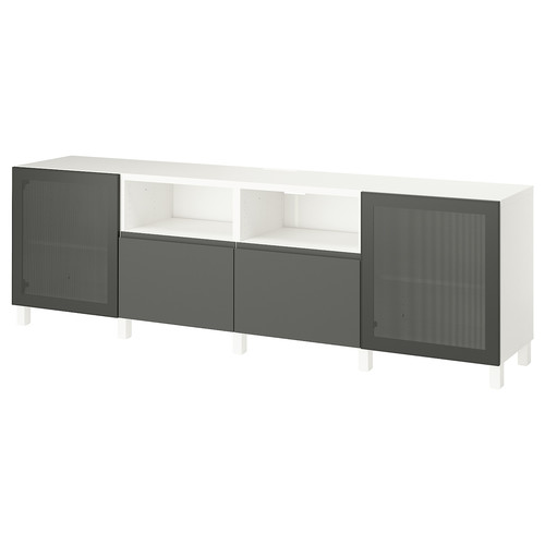 BESTÅ TV bench with doors and drawers, white Mörtviken/Västerviken/Stubbarp dark grey, 240x42x74 cm