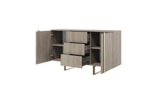 Cabinet with 2 Doors & 3 Drawers Verica 150 cm, biscuit oak/gold legs