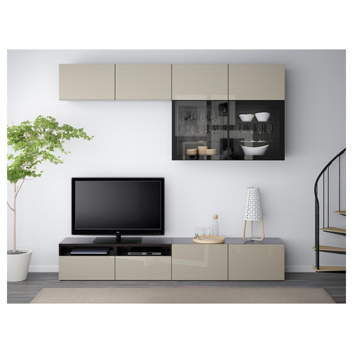 BESTÅ TV storage combination/glass doors, black-brown/Selsviken high-gloss/beige clear glass, 240x42x231 cm