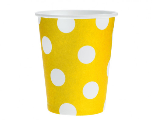 Party Paper Cups 270ml 6-pack, yellow/white dots