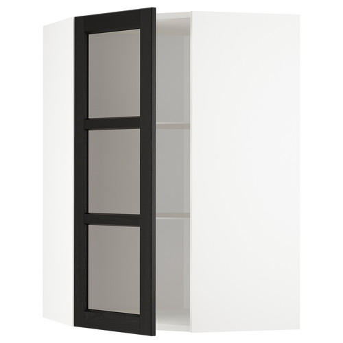 METOD Corner wall cab w shelves/glass dr, white/Lerhyttan black stained, 68x100 cm