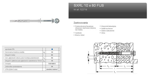 Fischer Wall Plug Frame Fixing SXRL 10 x 80 FUS zinc-plated steel T40/SW13 50pcs