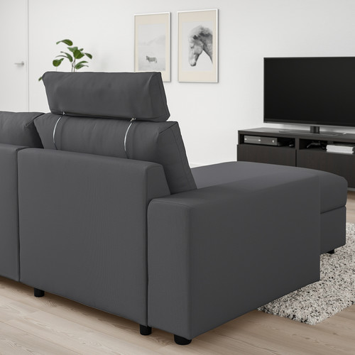 VIMLE 3-seat sofa with chaise longue, with headrest with wide armrests/Hallarp grey