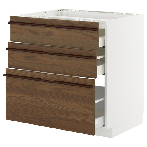 METOD / MAXIMERA Base cab f hob/3 fronts/3 drawers, white/Stensta dark brown ash veneer, 80x60 cm