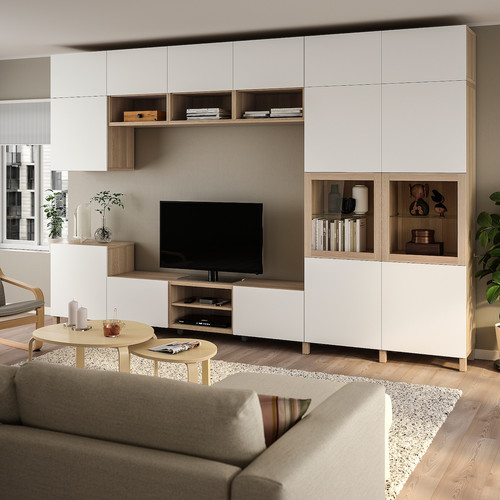 BESTÅ TV storage combination/glass doors, white stained oak veneer Lappviken/Sindvik clear glass, 360x42x240 cm