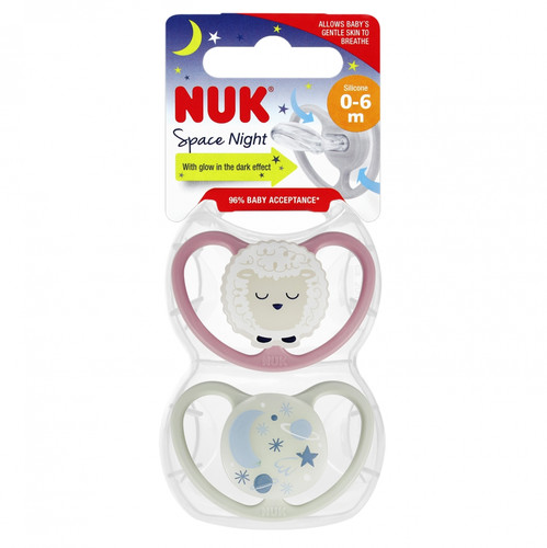 NUK Soother Pacifier Space Night 2pcs 0-6m, pink/grey