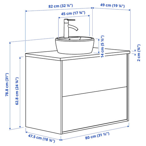 HAVBÄCK / TÖRNVIKEN Wash-stnd w drawers/wash-basin/tap, dark grey/white marble effect, 82x49x79 cm