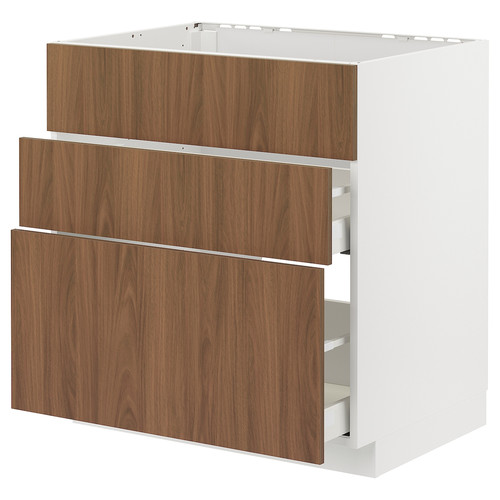 METOD / MAXIMERA Base cab f sink+3 fronts/2 drawers, white/Tistorp brown walnut effect, 80x60 cm