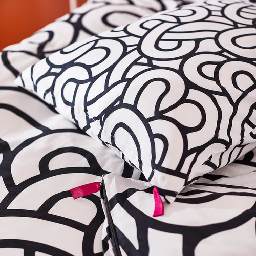 SÖTRÖNN Duvet cover and 2 pillowcases, white/black/patterned, 200x200/50x60 cm