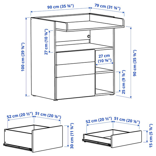 SMÅSTAD Changing table, white light green/with 3 drawers, 90x79x100 cm