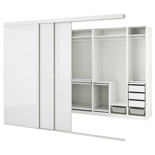 SKYTTA / PAX Walk-in wardrobe with sliding doors, white Hokksund/high-gloss light grey, 301x160x240 cm