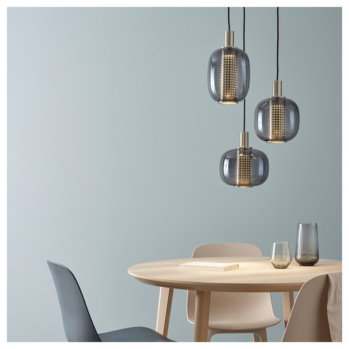 HÖGVIND Pendant lamp with 3 lamps, nickel-plated/grey glass