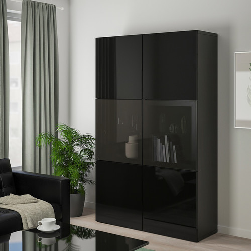 BESTÅ Storage combination w/glass doors, black-brown, Selsviken high-gloss/black, dimmed glass, 120x40x192 cm