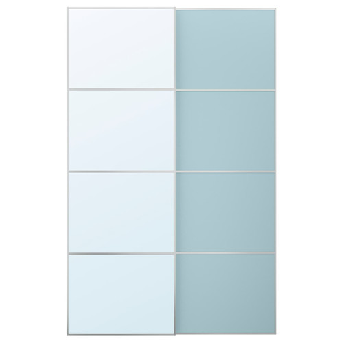 MEHAMN/AULI Pair of sliding doors, aluminium double sided/light blue mirror glass, 150x236 cm