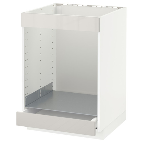 METOD/MAXIMERA Base cab for hob+oven w drawer, white, Ringhult high-gloss light grey, 60x60 cm