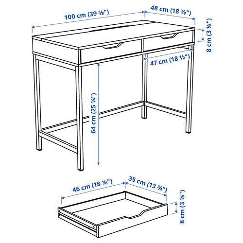 ALEX Desk, white stained/oak effect, 100x48 cm