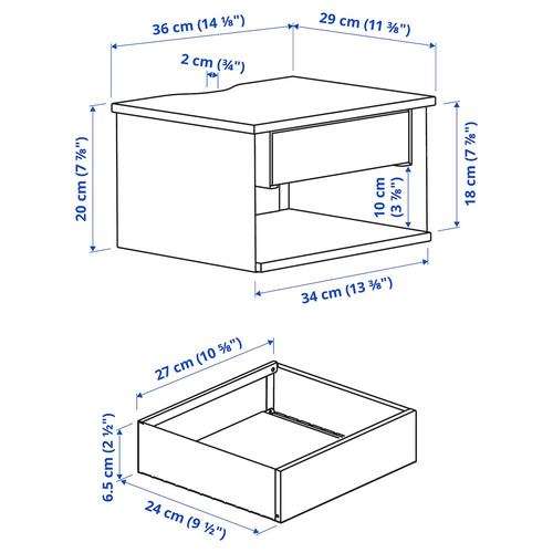 STOMSÖ Wall-mounted bedside table, birch effect white/blue, 36x29x20 cm