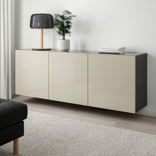 BESTÅ Wall-mounted cabinet combination, black-brown/Selsviken high-gloss/beige, 180x42x64 cm