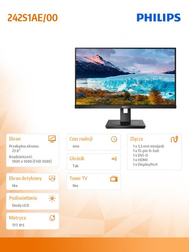 Philips 23.8" LCD Monitor 242S1AE IPS DVI HDMI DP Pivot