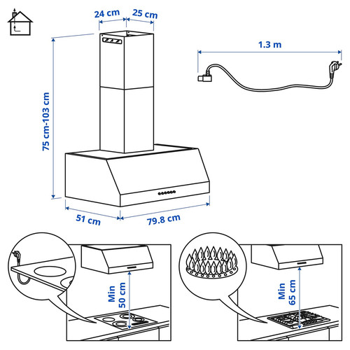 UPPFRISKANDE Wall mounted extractor hood, stainless steel colour, 80 cm