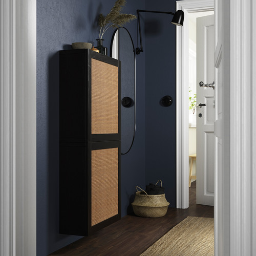 BESTÅ Wall cabinet with 2 doors, black-brown Studsviken/dark brown woven poplar, 60x22x128 cm