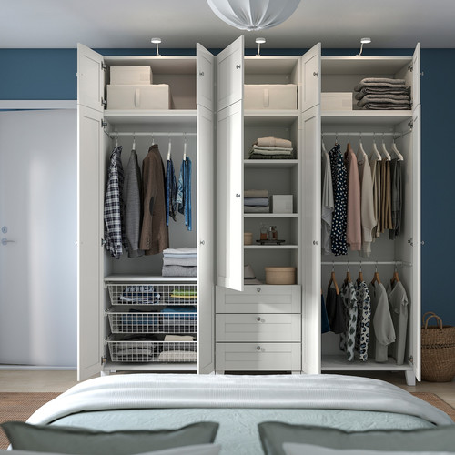 PLATSA Wardrobe with 10 doors + 3 drawers, white/SANNIDAL white, 220x57x231 cm