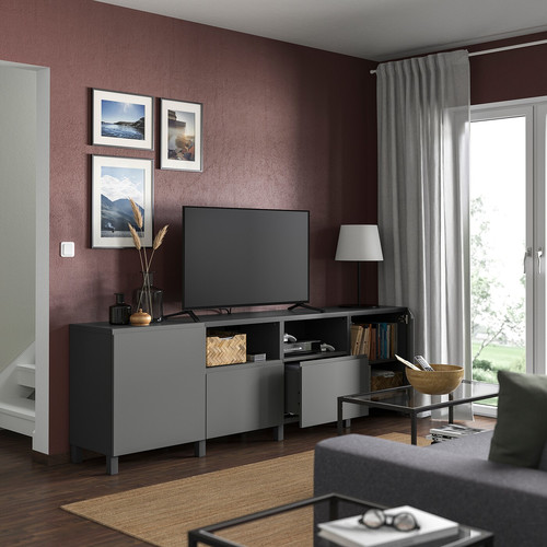 BESTÅ TV bench with doors and drawers, dark grey/Västerviken/Stubbarp dark grey, 240x42x74 cm