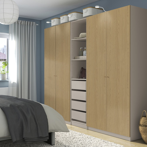 PAX / STORKLINTA Wardrobe combination, grey-beige/oak effect, 250x58x201 cm