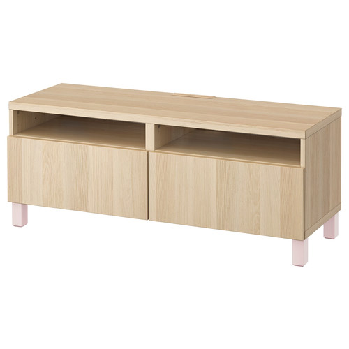 BESTÅ TV bench with drawers, white stained oak effect/Lappviken/Stubbarp pink, 120x42x48cm